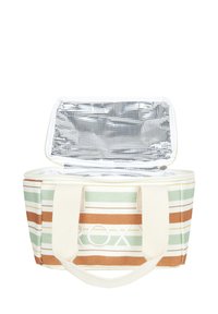 Izolovaný obedový vak s horizontálnymi zelenými, hnedými a krémovými pruhmi. Biely popruh. Strieborné vnútorné podšívka pre udržanie teploty.