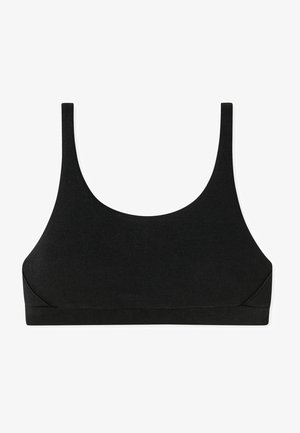Bralette noir à côtes avec de larges bretelles et un col rond. Texture douce, design sans couture et bande élastique en bas.