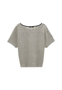 Haut à encolure dégagée et à manches courtes en beige avec un motif en zigzag noir. Tissu léger au fit détendu, avec un col noir uni.