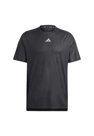 SchwarzesSport-T-Shirt mit strukturiertem Muster, rundem Halsausschnitt und kurzen Ärmeln. Verfügt über ein kleines weißes Logo auf der Brust.