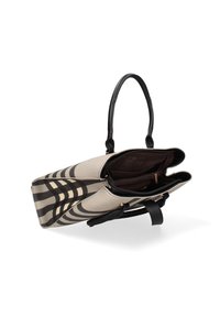 Borsa tote in canvas beige con motivo geometrico nero, manici in pelle nera e apertura con doppia cerniera; l'interno presenta una fodera marrone.