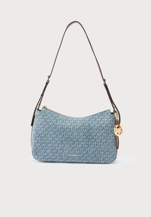 Blue Michael Kors shoulder bag with repeating MK logo pattern, gold zipper, and brown adjustable strap with gold charm.