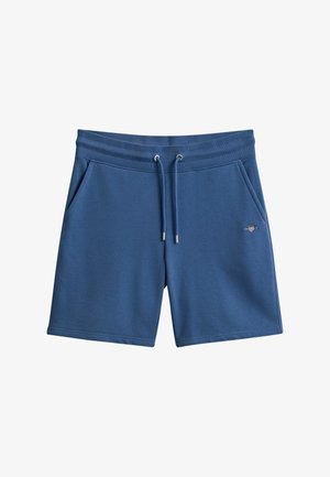 Blauwe casual shorts met trekkoorden in de tailleband, zijzakken en een klein geborduurd logo aan de rechterzijde.