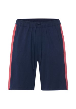 Marineblauwe sportshorts met een elastische tailleband en aantrekkoord, voorzien van roze verticale strepen aan de zijkanten.