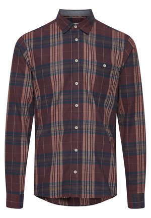 Long-sleeve plaid shirt in burgundy, navy, and beige. Features a button-down collar and front button closure. Soft fabric texture.