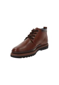 Bruine leren enkellaars met ronde neus, vetersluiting, gladde textuur, contrasterende zool en subtiele stiksels rondom de rand.