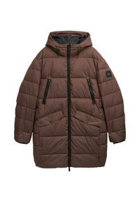 Braune gepolsterte Jacke mit Kapuze, doppelten seitlichen Reißverschlusstaschen und Druckknopf-Brusttaschen. Hergestellt aus strukturiertem Stoff mit glattem Futter.