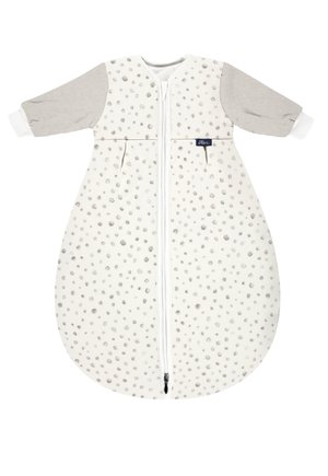 Weißer Schlafsack mit grauen Punkten, grauen gestreiften Ärmeln und einem kompletten Reißverschluss. Aus weichem Baumwollstoff mit einem abgerundeten Bodendesign.