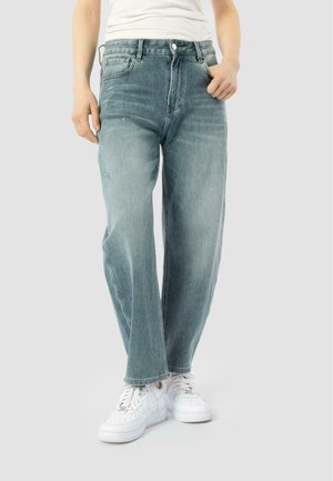 Light blue wide-leg jeans made from denim, featuring a classic five-pocket design, front button closure, and subtle distressing on the thighs.