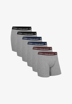 Fünf Paar Herren-Boxershorts in verschiedenen Farben: Grau, Marineblau, Kastanienbraun und Schwarz. Mit elastischen Taillenbändern, die mit "DANISH ENDURANCE" gebrandet sind.
