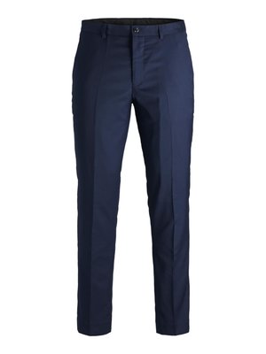 Marineblauwe broek gemaakt van een soepele stof, met een slim fit, een rits aan de voorkant en een enkele knoopsluiting. Strakke lijnen zonder zichtbare patronen.