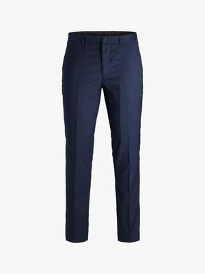 Navy trousers crafted from a smooth fabric, featuring a slim fit, front zipper, and a single button closure. Clean lines with no visible patterns.