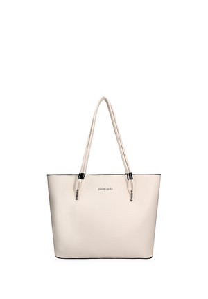 Witte getextureerde leren shopper met dubbele schouderbanden en een klein "pierre cardin" logo in het midden aan de voorkant.