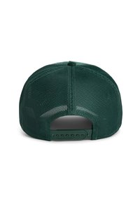 Cappello a rete verde con un design strutturato, dotato di chiusura a scatto in plastica e fori di ventilazione per la traspirabilità.