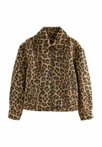 Leopardprint faux fur zip-up jakke med krave og to frontlommer, lange ærmer og løs pasform.