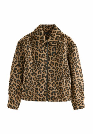 Leopardenmuster Kunstfell-Jacke mit Reißverschluss, Kragen und zwei Fronttaschen, langen Ärmeln und lockerer Passform.
