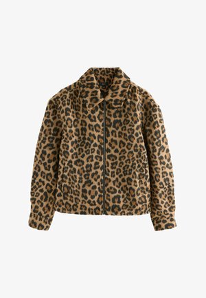 Leopardenmuster Kunstfell-Jacke mit Reißverschluss, Kragen und zwei Fronttaschen, langen Ärmeln und lockerer Passform.