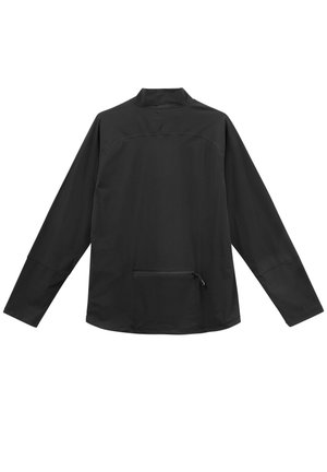 Veste noire à enfiler avec manches longues, col haut, tissu texturé et une poche zippée sur le devant. Design simple et fonctionnel.