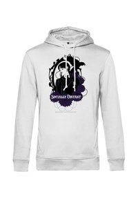 Sweatshirt bianco con cappuccio caratterizzato da un design grafico di una figura circondata da elementi floreali e la frase "SOCIALMENTE DISTANTE" in nero e viola.