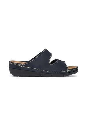 Marineblauwe open teen slip-on sandaal met dikke zool, witte naden en een gevoerd kurken voetbed voor comfort.