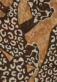 Tessuto a stampa leopardata con macchie astratte marroni e crema e accenti beige testurizzati che ricordano dettagli di mappe d'epoca.