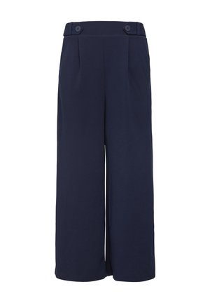 Pantalons larges bleu marine, en mélange de polyester, avec une taille haute et deux boutons, des plis à l'avant et une finition lisse et texturée.