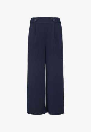 Pantalons larges bleu marine, en mélange de polyester, avec une taille haute et deux boutons, des plis à l'avant et une finition lisse et texturée.