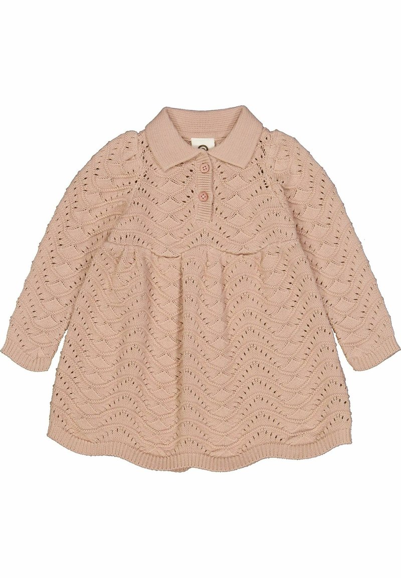 Robe bébé tricotée rose avec manches longues, col, deux boutons et motif en zigzag festonné texturé sur toute la surface.