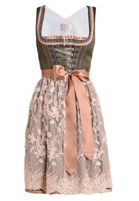 Vestido tradicional dirndl en marrón y rosa con corpiño ajustable, delantal bordado con flores y un gran lazo de satén en la cintura.