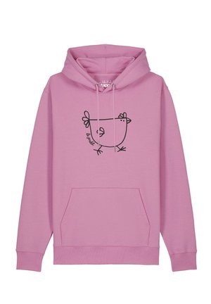 Sweat à capuche rose avec poche avant et dessin au trait noir d'un poulet ainsi que le texte "le poulet" sur la poitrine.