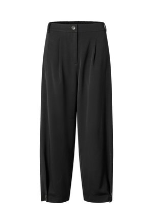 Black trousers with a relaxed fit, featuring pleats, an elastic waistband, and button closure. Smooth texture and ankle-length cut.