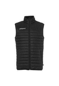 Gilet imbottito senza maniche nero con collo alto, cerniera frontale, tasche laterali con zip e logo "uhlsport" bianco sul petto.