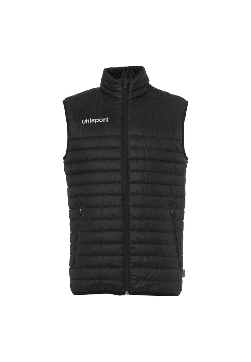 Gilet imbottito senza maniche nero con collo alto, cerniera frontale, tasche laterali con zip e logo "uhlsport" bianco sul petto.