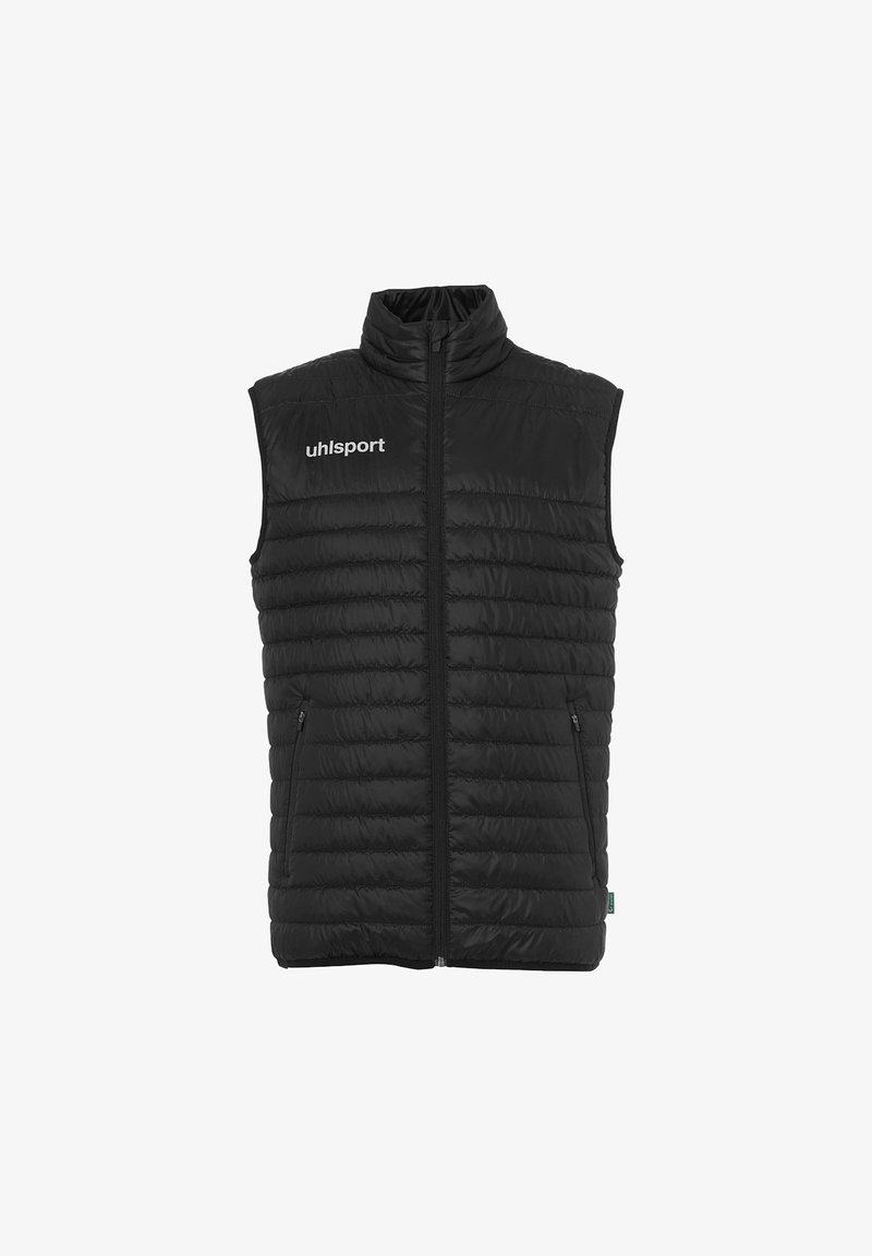 Gilet imbottito senza maniche nero con collo alto, cerniera frontale, tasche laterali con zip e logo "uhlsport" bianco sul petto.