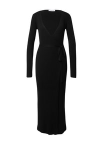 Schwarzes, geripptes Wickelkleid mit langen Ärmeln, tiefem V-Ausschnitt und Bund mit Schleife. Bodenlanger Schnitt mit glatter Textur.