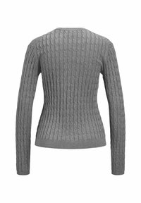 Maglione grigio lavorato a maglia con una texture a costine, maniche lunghe e silohuette aderente. Caratterizzato da una scollatura a V e un sottile motivo a treccia.
