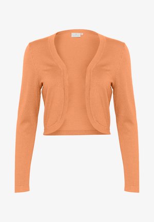 Kurzarmpullover in Orange mit runder offener Vorderseite, glatter Textur und tailliertem Design. Keine Knöpfe oder Verzierungen vorhanden.