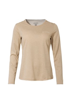 Camicetta beige a maniche lunghe realizzata in tessuto morbido. Presenta un collo rotondo, un logo sul petto e una finitura liscia e testurizzata.