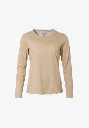 Camicetta beige a maniche lunghe realizzata in tessuto morbido. Presenta un collo rotondo, un logo sul petto e una finitura liscia e testurizzata.