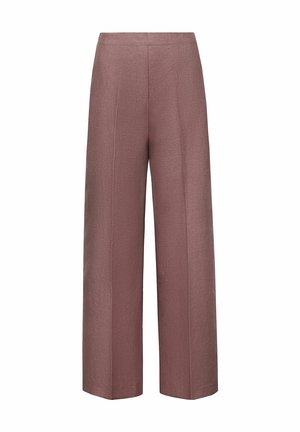 Pantalon taille haute à jambes larges en tissu mauve texturé, avec un devant net, des détails de couture subtils et aucune fermeture visible.