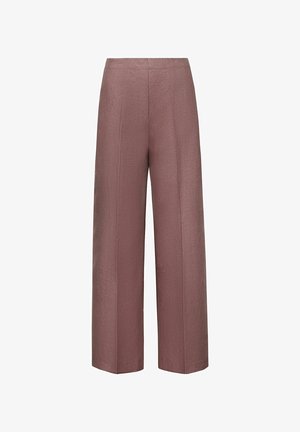 Pantalon taille haute à jambes larges en tissu mauve texturé, avec un devant net, des détails de couture subtils et aucune fermeture visible.