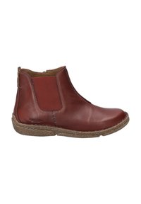 Rote Lederstiefelette mit seitlichen elastischen Einsätzen, gesteppten Details und einer strukturierten Korksohle. Glatte Oberfläche, modernes Design und mittlere Höhe.