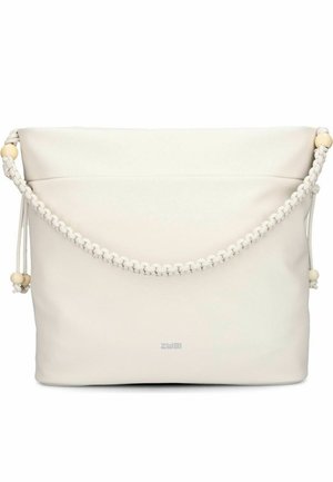 Sac à main couleur crème avec une anse tressée ornée de perles en bois, texture douce et petit logo de marque visible "Zwei" sur le devant.