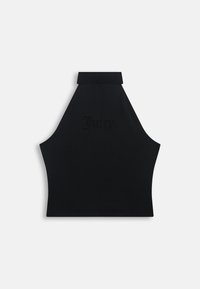 Μαύρο cropped τοπ με halter neck, ψηλό γιακά και διακριτικό υφασμένο λογότυπο "Juicy" στο κέντρο μπροστά.