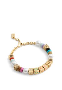Bracciale in tono oro con perline colorate e lettere che formano la parola "COACH". Presenta accentature in perla e hardware decorativo in oro.