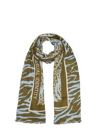 Olivgrüner und hellblauer Schal mit einem Tigerstreifenmuster, versehen mit dem Schriftzug "CASUAL IDENTITY" und Fransen. Weicher Stoff, rechteckige Form.
