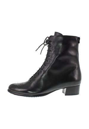 Black leather ankle boot with laces, low block heel, and perforated toe detail, shown in side profile on white background.