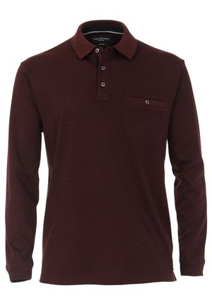 Langarm-Poloshirt, dunkelrotfarbener Farbton, weiches Baumwollmaterial, Drei-Knopf-Leiste, Brusttasche mit Knopf, strukturiertes Gewebe.