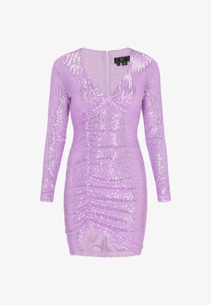 Lila Pailletten-Kleid mit langen Ärmeln und V-Ausschnitt. Verfügt über ein gerafftes Seiten-Design und einen Reißverschluss hinten. Glatte Textur.