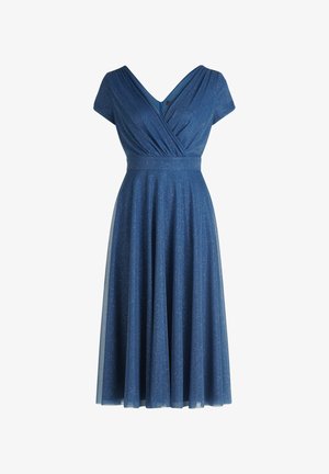 Blau glitzerndes Midikleid mit kurzen Ärmeln, V-Ausschnitt, Wickeloberteil, tailliertem Bund und fließendem, plissiertem Rock.